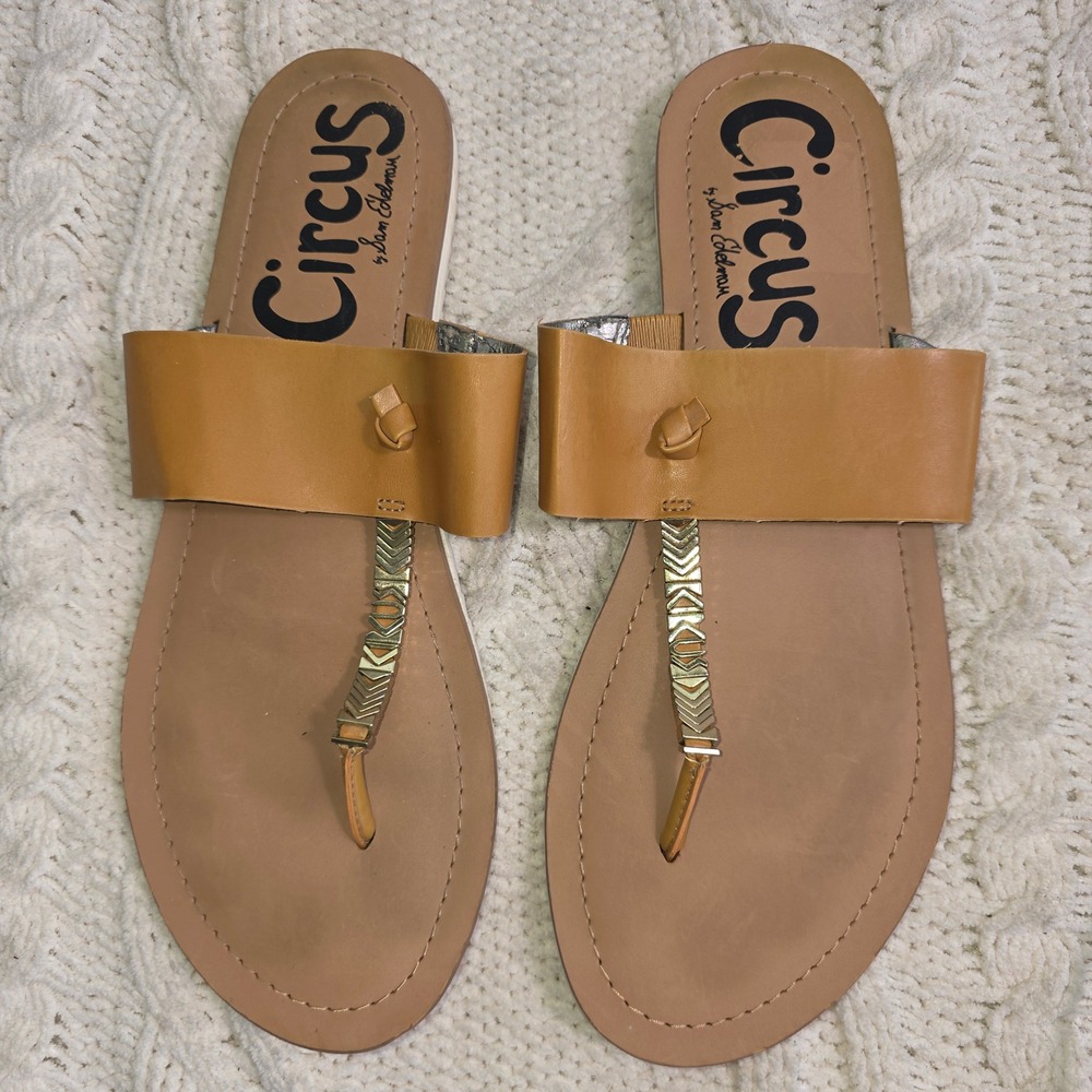 Circus by Sam Edelman Saxon‎ Sandal Tan Gold Hardware Women 10 Good
